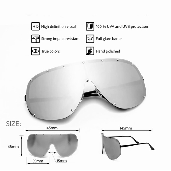 ✨”ROCKSTAR”✨SHIELD SILVER MIRROR SUNGLASSES XL✨ - Picture 4 of 5